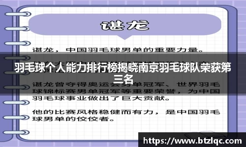 羽毛球个人能力排行榜揭晓南京羽毛球队荣获第三名